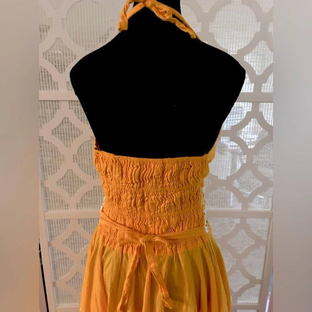 EMBROIDERED SMALL Orange Gold Halter Dress Floral Boho Cottage Core - Picture 5 of 14